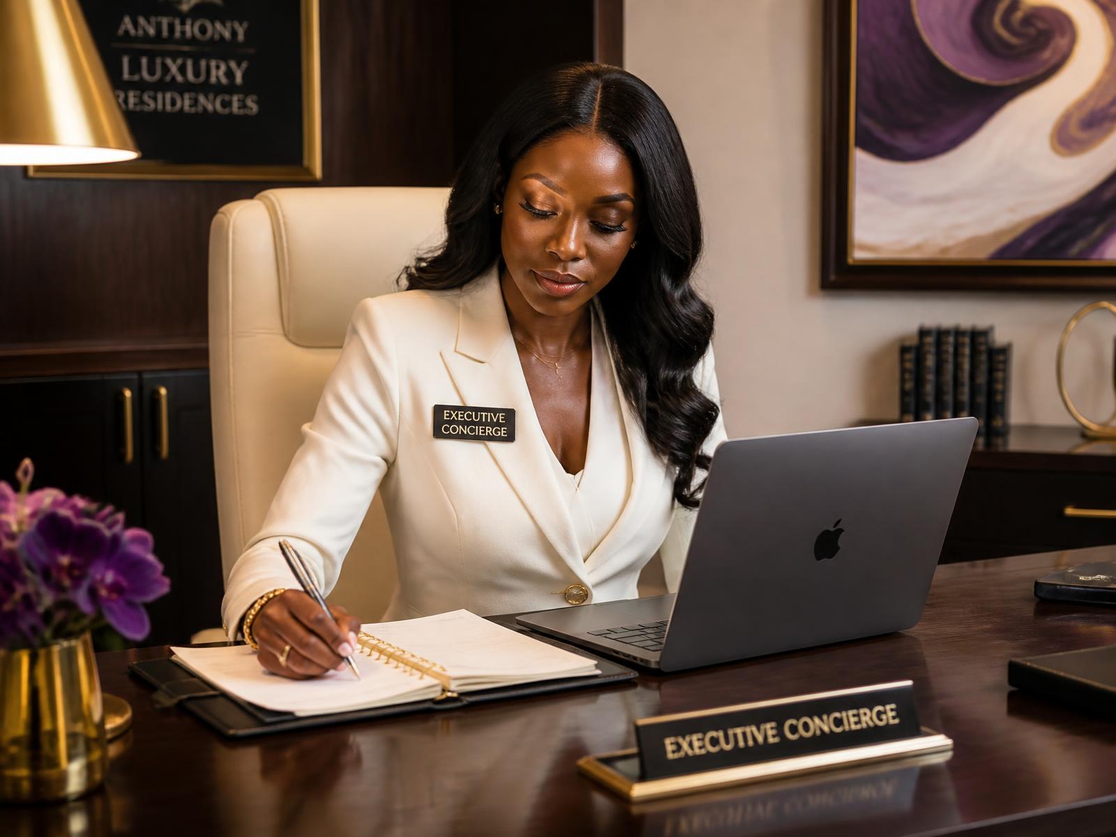Executive concierge working at a luxury office desk