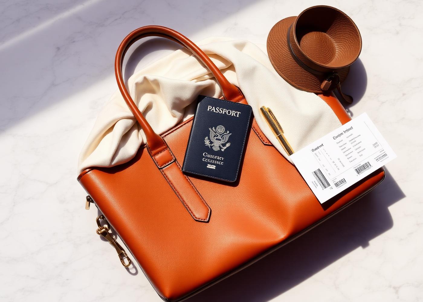 Luxury travel accessories arranged on marble