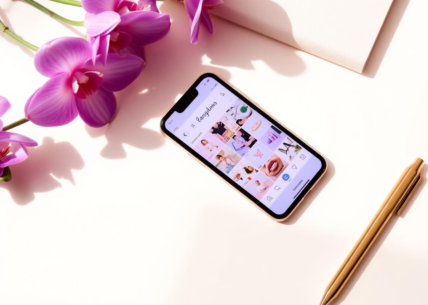 Luxury flat lay of a phone showing a social media grid